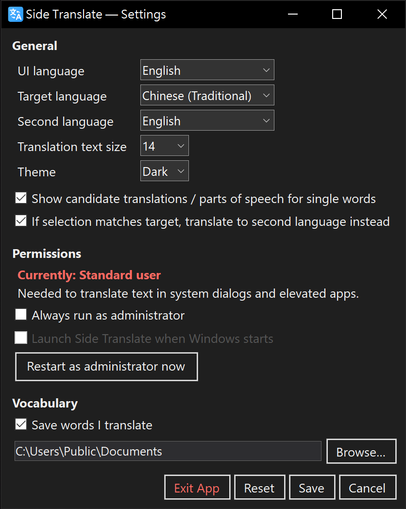Side Translate settings window in dark mode.