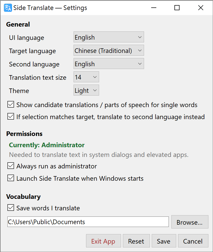Side Translate settings window in light mode.
